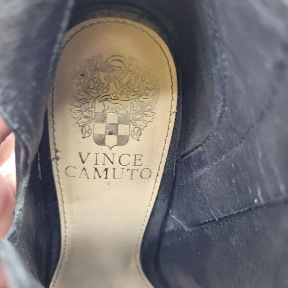 Vince Camuto Ankle Booties 6.5 Black Leather Suede Stacked Block Heel Peep Toe - Picture 10 of 11